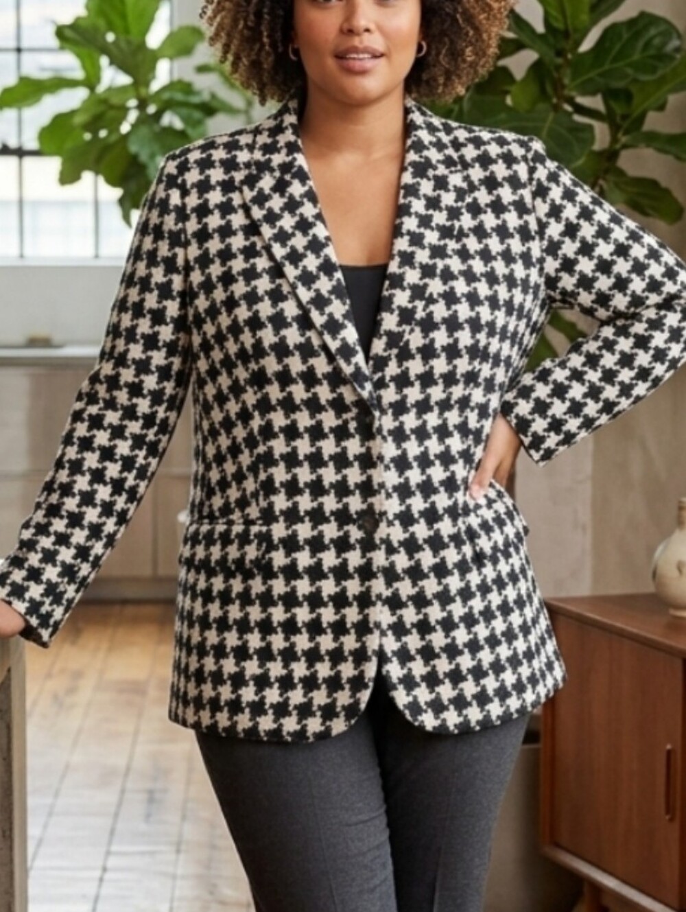 NWT George Design By Mark Eisen Houndstooth 2 Button Blazer Black White 26W 28W